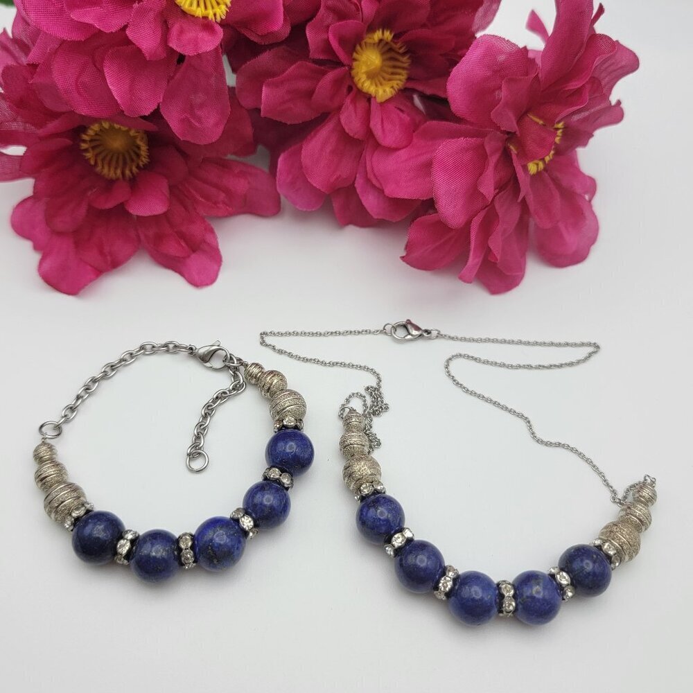 Lapis Lazuli And Silver Tone Ball Bead Necklace And Bracelet Set 9" And 20"